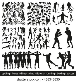 Big Set of Sports People Vector Silhouettes (cycling, horse riding, skiing, fitness, running, boxing, soccer)