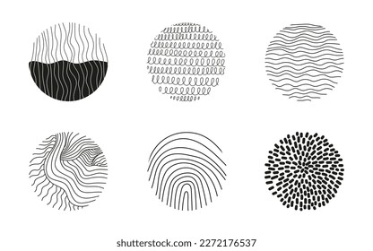 Big set of spot, curly, curve circle pattern set vector in doodle style. Spot, drops, lines elements. Trendy social media icons illustartion.