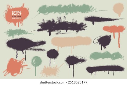 Big set of spray paint Elements isolated, texture color is easy to change. Template lines and drips colored ink splatters. Collection of Ink blots. Hand spray lines and drips set. Vector Street style.