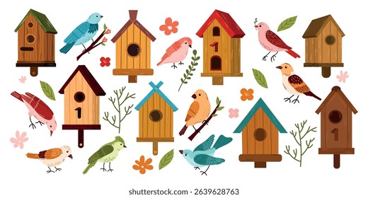 Big set of spring birds and birdhouses.Birdhouse with a bird, homemade nests, feeders and homes, for summer and spring birds. Cartoon cute colorful birdhouses collection, feeder on garden tree
