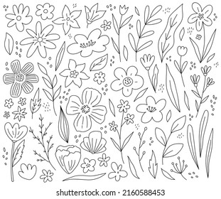 Gran conjunto de flores primaverales, ramas y hojas aisladas en fondo blanco. Ilustración de vectores dibujada a mano en estilo doodle. Perfecto para tarjetas, decoraciones y varios diseños. Elementos de clipart botánico.