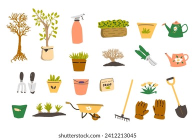 big set of spring gardening tools and tree, plant in box, pot. Vector illustration isolated. Gardening buckets, pots, wheelbarrow, seedling. 