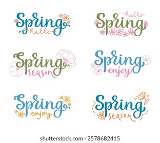 Big set of spring hand lettering phrases with doodle flowers isolated on white background. Vector calligraphy for seasonal greetings. Typography design for sticker, card, web banner, or print.