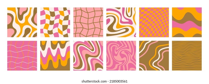 Big set of square backgrounds in style retro 70s, 80s. Groovy hippie abstract psychedelic design. Vector illustration