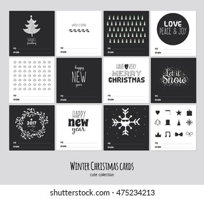 Big set of square black and white winter cards. Merry Christmas and Happy New 2017 Year background. Cute illustration with holiday wishes. Isolated. Vector