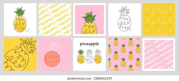 Big Set of square cards, wallpaper templates with Pineapple. Line Art Design with Summer tropical fruit. Seamless pattern, quote, different collection posters. Colorful vector illustrations