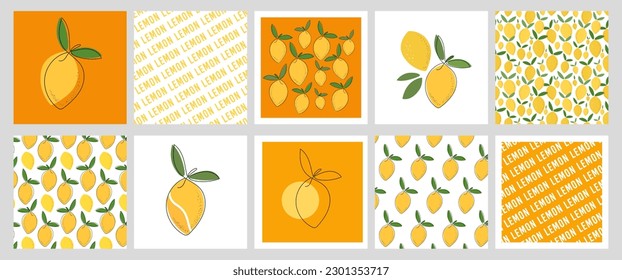 Big Set of square cards, wallpaper templates with Yellow Lemon. Line Art Design with tropical citrus fruit. Seamless pattern, quote, different collection posters. Colorful vector illustrations