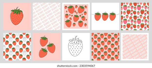 Big Set of square cards, wallpaper templates with Strawberry. Line Art Design with Summer red berry. Seamless pattern, quote, different collection posters. Colorful vector illustrations