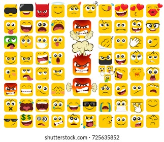Big Set Of Square Emoticons With Different Emotions In A Flat Design