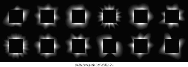 Big set of square illuminate frames with gradient. Twelve white neon banners isolated on black background. Vector illustration