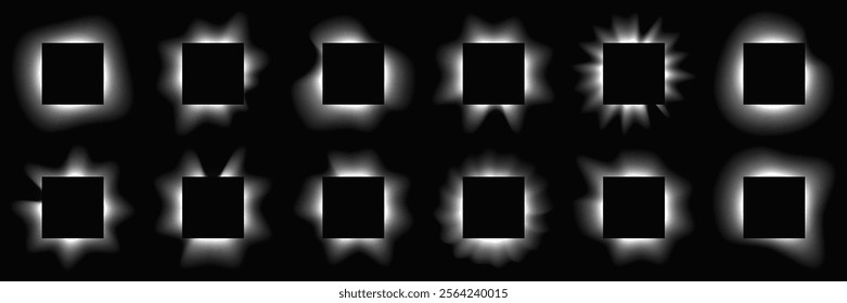 Big set of square illuminate frames with gradient. Twelve white neon banners isolated on black background. Vector illustration