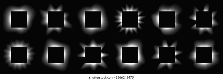 Big set of square illuminate frames with gradient. Twelve white neon banners isolated on black background. Vector illustration