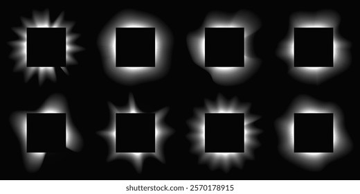 Big set of square illuminate frames with gradient. Eight white neon banners isolated on black background. Vector illustration