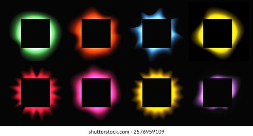 Big set of square illuminate frames with gradient. Eight multicolor neon banners isolated on black background. Vector illustration