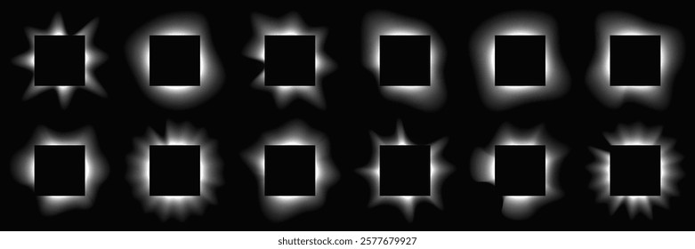 Big set of square illuminate frames with gradient. Twelve white neon banners isolated on black background. Vector illustration