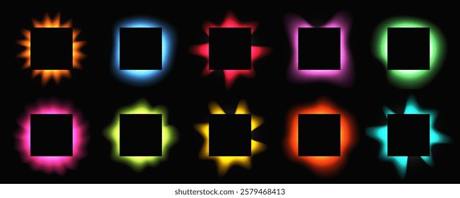 Big set of square illuminate frames with gradient. Ten multicolor neon banners isolated on black background. Vector illustration