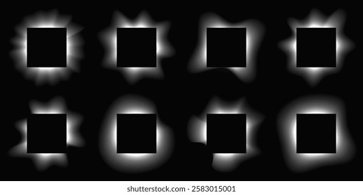 Big set of square illuminate frames with gradient. Eight white neon banners isolated on black background. Vector illustration