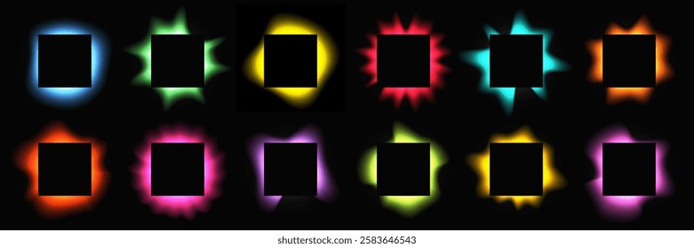 Big set of square illuminate frames with gradient. Twelve multicolor neon banners isolated on black background. Vector illustration