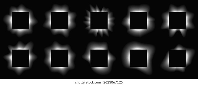 Grande conjunto de quadros quadrados iluminar com gradiente. Dez bandeiras de neon branco isoladas no fundo preto. Ilustração vetorial