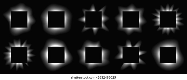 Grande conjunto de quadros quadrados iluminar com gradiente. Dez bandeiras de neon branco isoladas no fundo preto. Ilustração vetorial