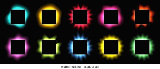 Big set of square illuminate frames with gradient. Ten multicolor neon banners isolated on black background. Vector illustration