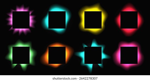 Grande conjunto de quadros quadrados iluminar com gradiente. Oito faixas de néon multicoloridas isoladas no plano de fundo preto. Ilustração vetorial
