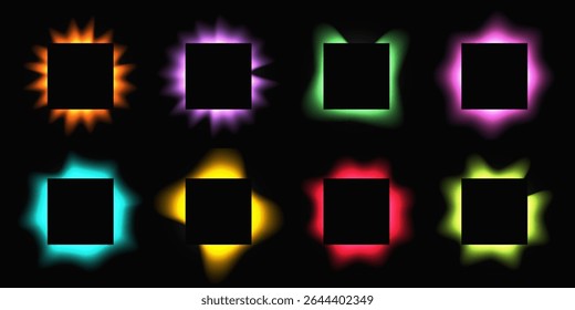 Grande conjunto de quadros quadrados iluminar com gradiente. Oito faixas de néon multicoloridas isoladas no plano de fundo preto. Ilustração vetorial