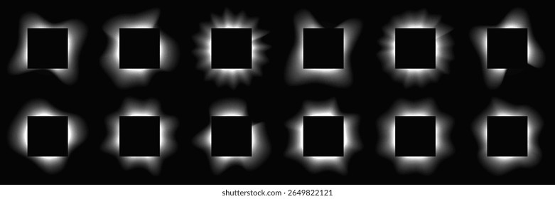 Big set of square illuminate frames with gradient. Twelve white neon banners isolated on black background. Vector illustration