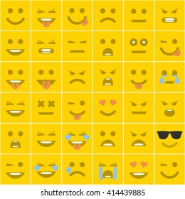 Big set of square orange smiles. Smiles with different emotions in a flat style. Modern, universal smiles square shape.