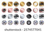 Big set of square and round golden, silver, rose gold and holographic sticker, label, badge, icon, logo for Premium quality products. Vector illustration
