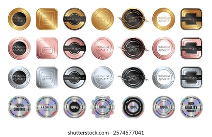 Big set of square and round golden, silver, rose gold and holographic sticker, label, badge, icon, logo for Premium quality products. Vector illustration