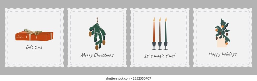 Big set of square shaped Christmas and New Year cards. Fir branches decorated with toys, gifts, burning candles in candlesticks, eco-decorations. Flat vector illustration for winter holidays.