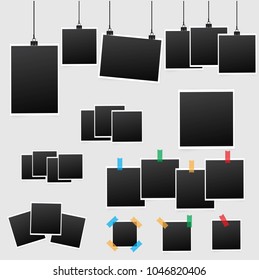 Big set of square vector photo frames on sticky tape. Vertical and horizontal template photo design