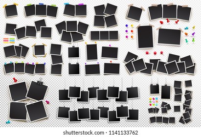 Big set of square vector photo frames on sticky tape, pins and rivets. Template photo design. Vector illustration. Isolated on transparent background