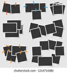 Big set of square vector photo frames stack on sticky tape. Vertical and horizontal template photo design