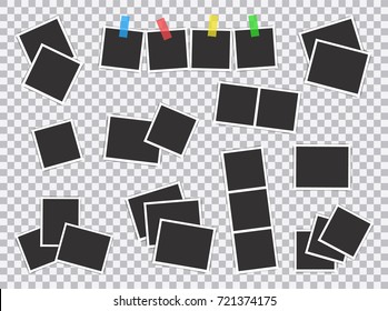Big set of square vector photo frames on sticky tape, pins and rivets. Vertical and horizontal template photo design. Vector illustration. Isolated on transparent background