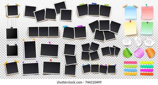 Big set of square vector photo frames on sticky tape, pins and rivets, and office paper sheets or sticky stickers with shadow. Vector illustration. Isolated on transparent background