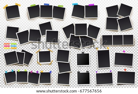 Big set of square vector photo frames on sticky tape, pins and rivets. Vertical and horizontal template photo design. Vector illustration. Isolated on transparent background