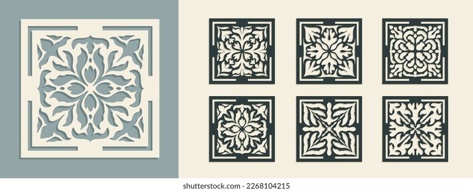 Big set of square Vintage Laser Cut pattern with baroque ornament. Vector Stencil Template for cnc cutting, decorative panels of wood, metal, paper, plastic