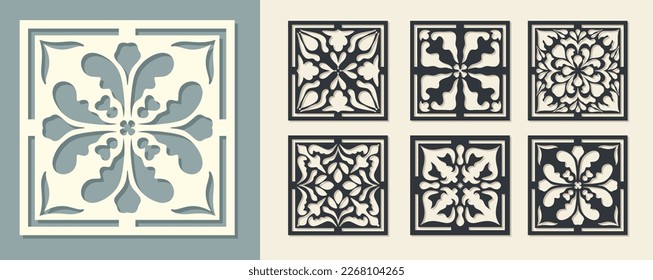 Big set of square Vintage Laser Cut pattern with baroque ornament. Vector Stencil Template for cnc cutting, decorative panels of wood, metal, paper, plastic