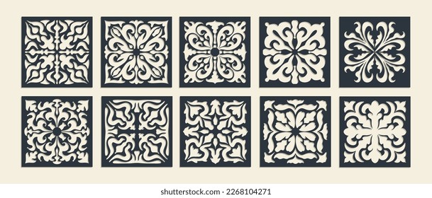 Gran conjunto de patrones cuadrados de corte láser vintage con adorno barroco. Plantilla de patrón vectorial para corte cnc, paneles decorativos de madera, metal, papel, plástico