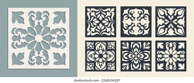 Big set of square Vintage Laser Cut pattern with baroque ornament. Vector Stencil Template for cnc cutting, decorative panels of wood, metal, paper, plastic