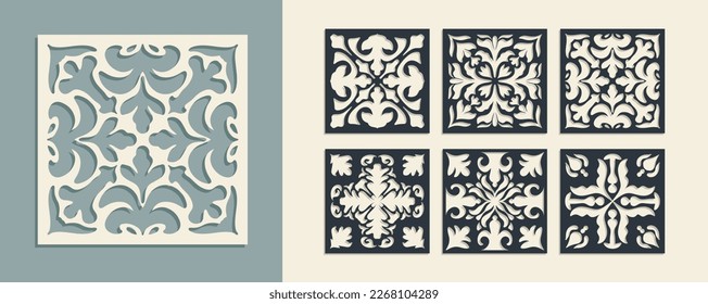 Big set of square Vintage Laser Cut pattern with baroque ornament. Vector Stencil Template for cnc cutting, decorative panels of wood, metal, paper, plastic