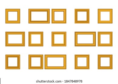 Big set of squared golden vintage wooden frame for your design. Vintage cover. Place for text. Vintage antique gold beautiful rectangular frames. Template vector illustration.