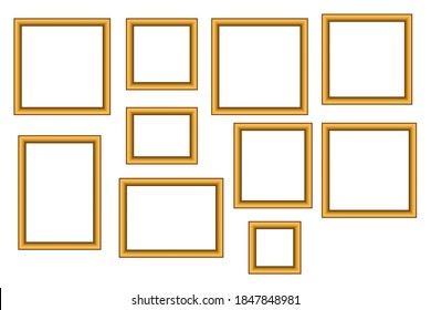 Big set of squared golden vintage wooden frame for your design. Vintage cover. Place for text. Vintage antique gold beautiful rectangular frames. Template vector illustration.