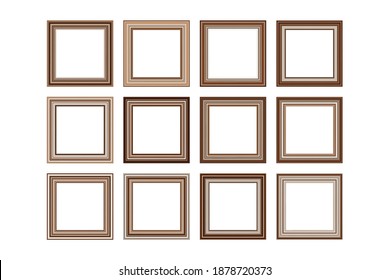 Big set of squared golden vintage wooden frame for your design. Vintage cover. Place for text. Vintage antique gold beautiful rectangular frames. Template vector illustration.