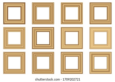 Big set of squared vintage 
wooden frame for your design. Vintage cover. Place for text. Vintage golden antique beautiful rectangular frames. Template vector illustration.