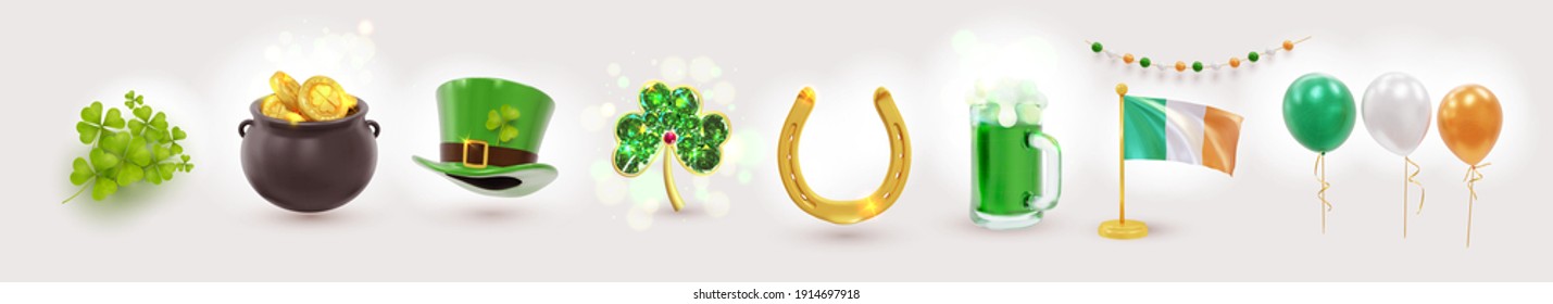 Big set of St. Patrick's Day realistic symbols. Irish holiday consisting of pot of gold coins, green hat, golden brooch clover, flag, balloons, horseshoe. Design elements. Vector illustration.