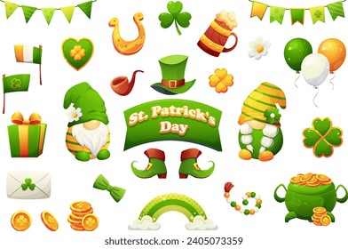 Big set for St. Patrick's Day in cartoon style. Scandinavian gnomes, clover, gold, festive balls and garlands, boots, hat, cauldron with coins, wooden mug with beer