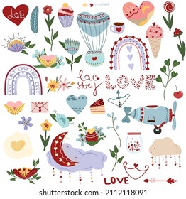 Big set for St. Valentine's day, flowers, cupcake, hearts, leaves, rainbows, hot air balloon, Love, moon. Colorful Cute illustration isolated a white background. Flat icon set. Vector illustration.